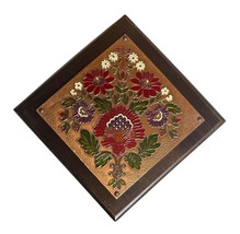 Vtg Enamel on Embossed Copper Flowers on Wood Picture Wall Art Diamond 1... - €42,63 EUR