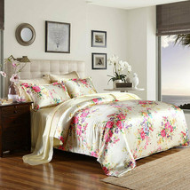 3pc. Luxury Light Yellow Floral Mulberry Silk Full Queen King Duvet Cover Set - £262.69 GBP+