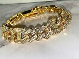 9Ct Round Cubic zirconia Miami Cuban 7&quot; Bracelet 14K Yellow Gold Plated-Silver - £221.93 GBP