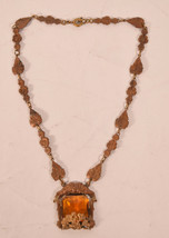 Vintage Art Deco Brass Copper Amber Czech Glass Leaf Flower Necklace - £156.06 GBP