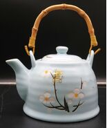 Vtg Japanese Ceramic Teapot Cherry Blossom Sakura Bamboo Handle Beautiful - $56.04 CAD