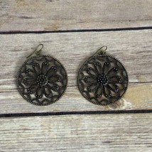 Gold and Black Tone Medallion Ear Rings French Hook Pierced Approx 2&quot; - £12.61 GBP