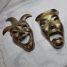 Tragedy Comedy Theater Drama Mask Brass Wall Hangings Set of 2 Jester Clown  - £25.82 GBP