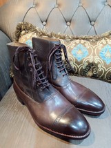 Handmade Men&#39;s Brown Cowhide Leather Two Tone Round Cap Toe Lace up Ankl... - $148.49+