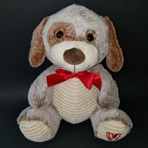 Kellytoy Brown White Puppy Dog Plush 14&quot; Stuffed Toy Red Heart Bow Valentine Day - £15.61 GBP