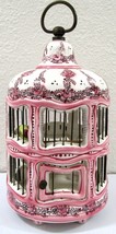 Antique French Faience Pink Porcelain Hanging Cage with Hinged Door and Bird  - £236.61 GBP