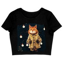 Christmas Cat Print Women&#39;s Cropped T-Shirt - Graphic Crop Top - Art Crop Tee Sh - £23.72 GBP
