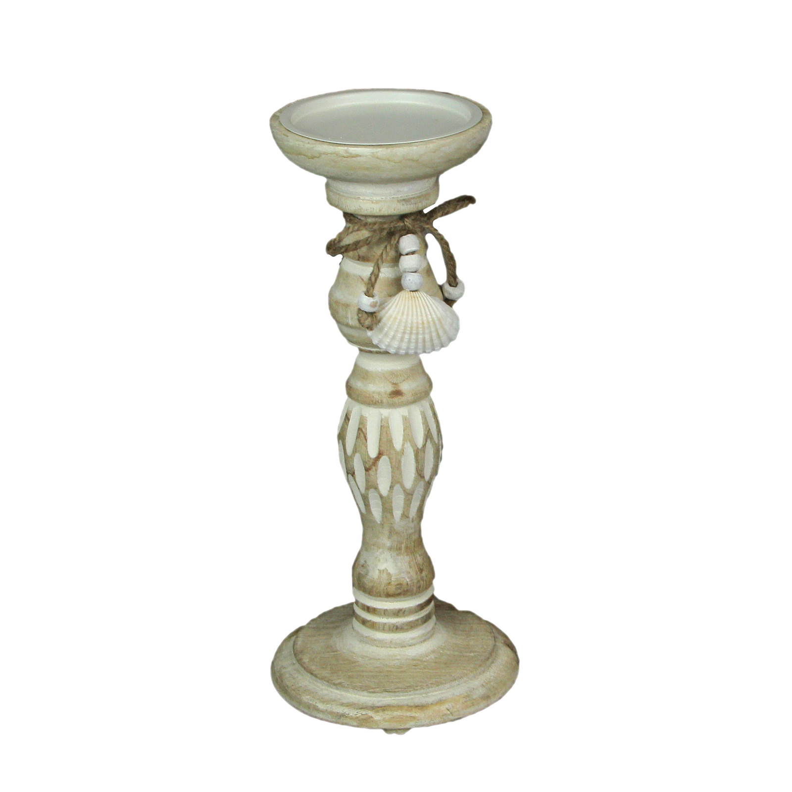 11 Inch Wood Pedestal Candle Holder Rustic White Washed Pillar With Sea Shells - $24.13