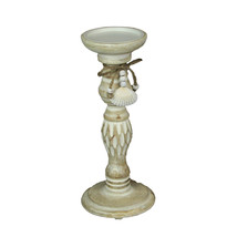 11 Inch Wood Pedestal Candle Holder Rustic White Washed Pillar With Sea Shells - £19.33 GBP