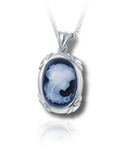 Sterling Silver &amp; Blue Agate Lady Cameo Funeral Cremation Urn Pendant w/Chain - £390.16 GBP