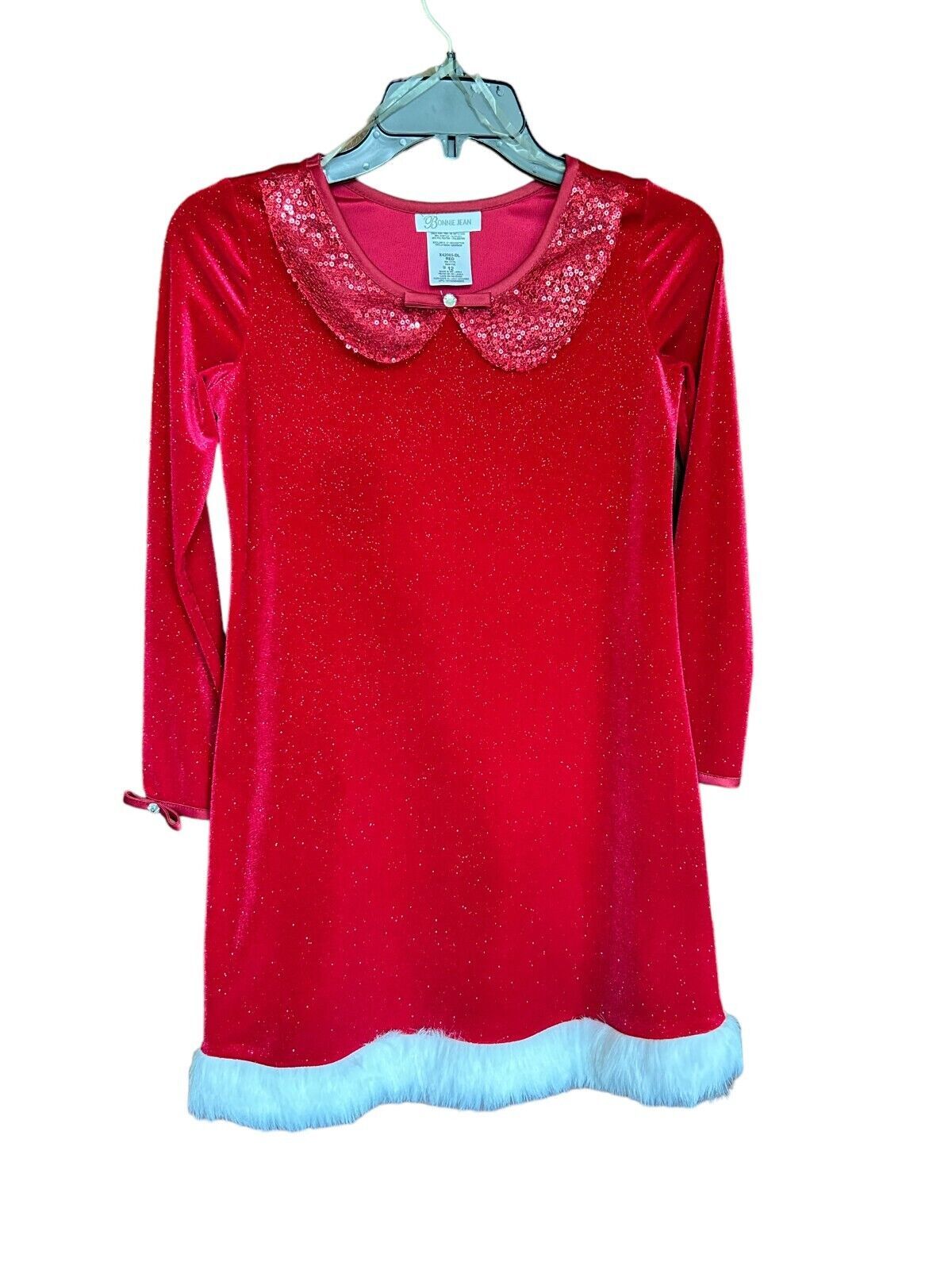 Bonnie Jean Dress Girls 12 Red Long Sleeve Christmas Sequin Collar Santa Outfit - $26.17
