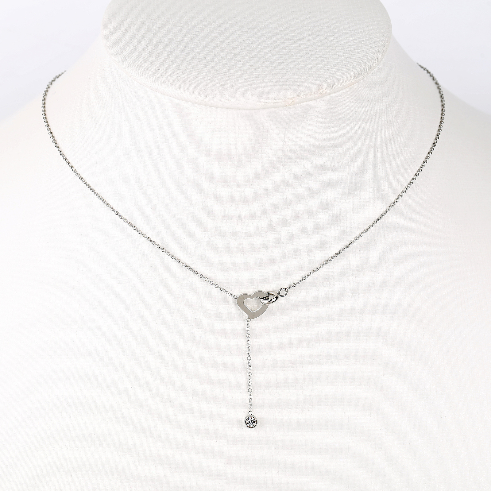 Silver Tone Heart Cut Out Pendant Necklace & Swarovski Style Crystal