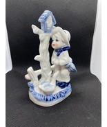 Ceramic Blue and White Boy with Ducks and Birdhouse Porcelain Figurine - £10.05 GBP