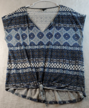 Lucky Brand Tank Top Women XL Blue Geo Print Knit Tie Bottom Short Sleeve V Neck - £12.88 GBP