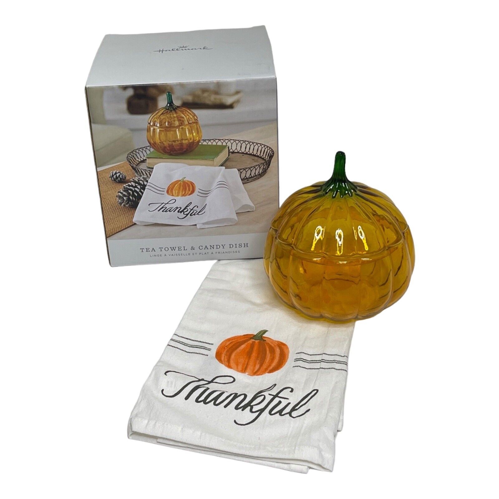 Primary image for Hallmark Pumpkin Glass Candy Dish Bowl W/ Lid Thankful Towel harvest Fall Autumn