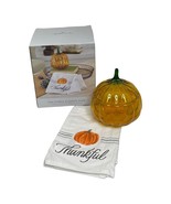 Hallmark Pumpkin Glass Candy Dish Bowl W/ Lid Thankful Towel harvest Fal... - £15.65 GBP
