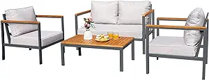 4 Piece Furniture Patio Lounge Conversation Set Solid Wood Armrest &amp; Tab... - $704.99