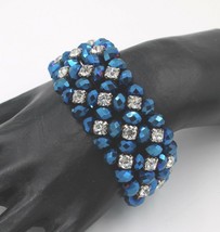 Sapphire Blue AB Faceted Crystal Prong Set Rhinestone Stretch Bracelet BEAUTIFUL - £118.26 GBP