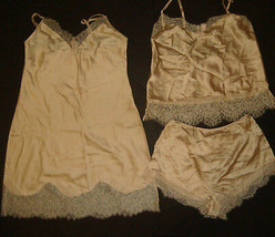 Victoria&#39;s Secret XS PJ TANK cami+shorts+SLIP SATIN GOLD beige lace pajamas - $118.79