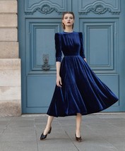 Blue Velvet Midi Dress Puff Sleeves Elegant Formal Velvet Prom Dress Valentines  - £87.60 GBP+