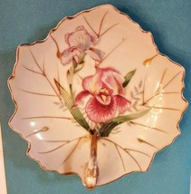 Orion Bone China Nappy Leaf Dish 4 3/4&quot; Hand Painted Pink Iris Gold Rim ... - £10.05 GBP