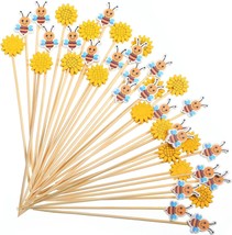 (100) Sunflower Bees Cocktail Picks Bamboo Toothpicks Appetizer Food Par... - $5.92