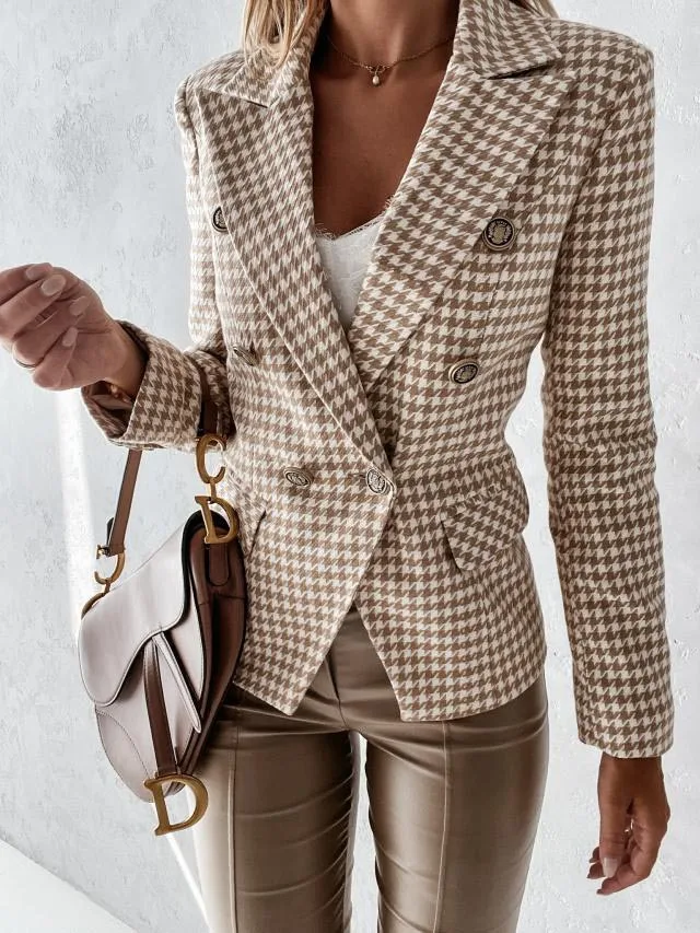  women  houndstooth casual blazers 2021 winter  notched buttons pockets straight - £115.77 GBP