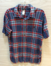 Patagonia men L large button front short sleeve crinkle shirt blue red w... - $19.79