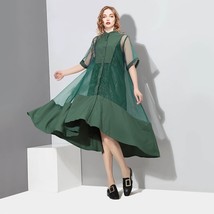 Two Piece Woman Summer Green Black Midi Transparent Mesh Shirt Dress Set... - £49.49 GBP