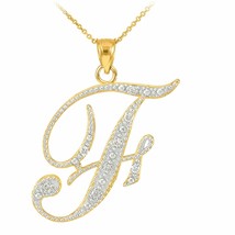 14k Solid Yellow Gold Diamonds Initial Script Letter F Pendant Necklace - £235.91 GBP+