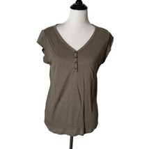 LOFT Linen Women&#39;s Size M Basic Tee V Neck Short Sleeve Button Front Top - £12.58 GBP