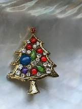 Vintage Unique Goldtone Outline Christmas Tree w Fruit Salad &amp; Clear Rhinestones - £20.29 GBP