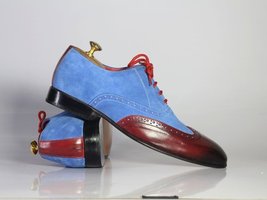Blue Suede Burgundy Real Leather Wing Tip Burnished Laced Up Oxford Style Shoes - £110.72 GBP