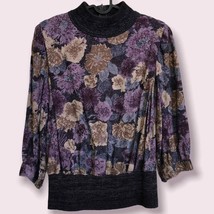 Vintage Leslie Fay floral knit mock neck ribbed waist 3/4 sleeve blouse s/m - £28.24 GBP