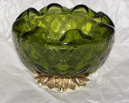 Indiana Glass Green Duette Quilted Diamond Rose Bowl with Metal Leaf Base - $16.34