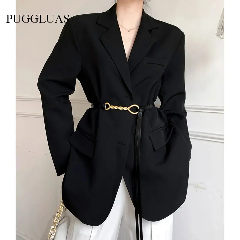 Black Suit Jacket Women   Vintage Autumn Spring  Loose Blazer Jackets With Belt  - £120.23 GBP