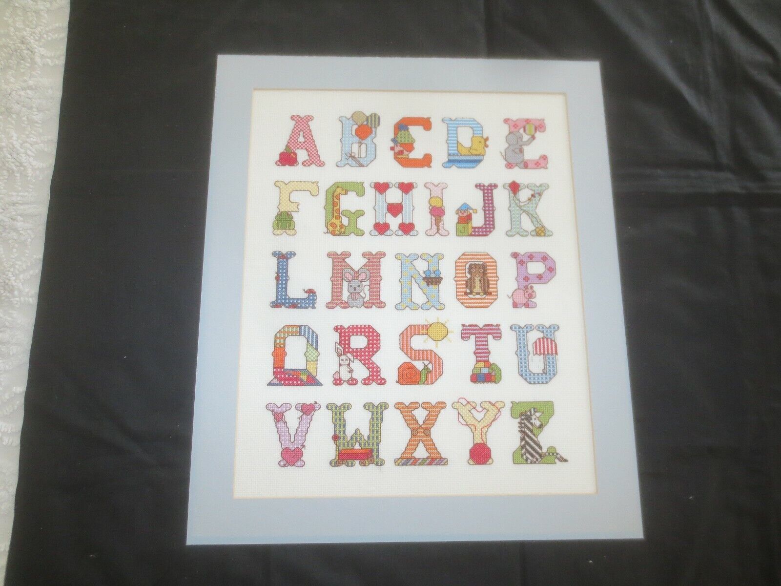 UNUSED ALPHABET Cross Stitched WALL HANGING - 15-1/4&quot; x 18&quot; MATTED - £28.96 GBP