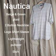 Nautica Beige &amp; Green Plaid 100% Cotton 2 Button Neckline Logo Sleeve... - $19.08 CAD