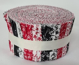 Jelly Roll Black Red White Floral Scroll Flowers Roll Up Cotton Precuts M493.17 - £27.71 GBP