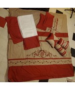 Vintage Red Burgundy Tan Beige Embroider Comforter Skirt Shams 3 Pillows... - £35.50 GBP