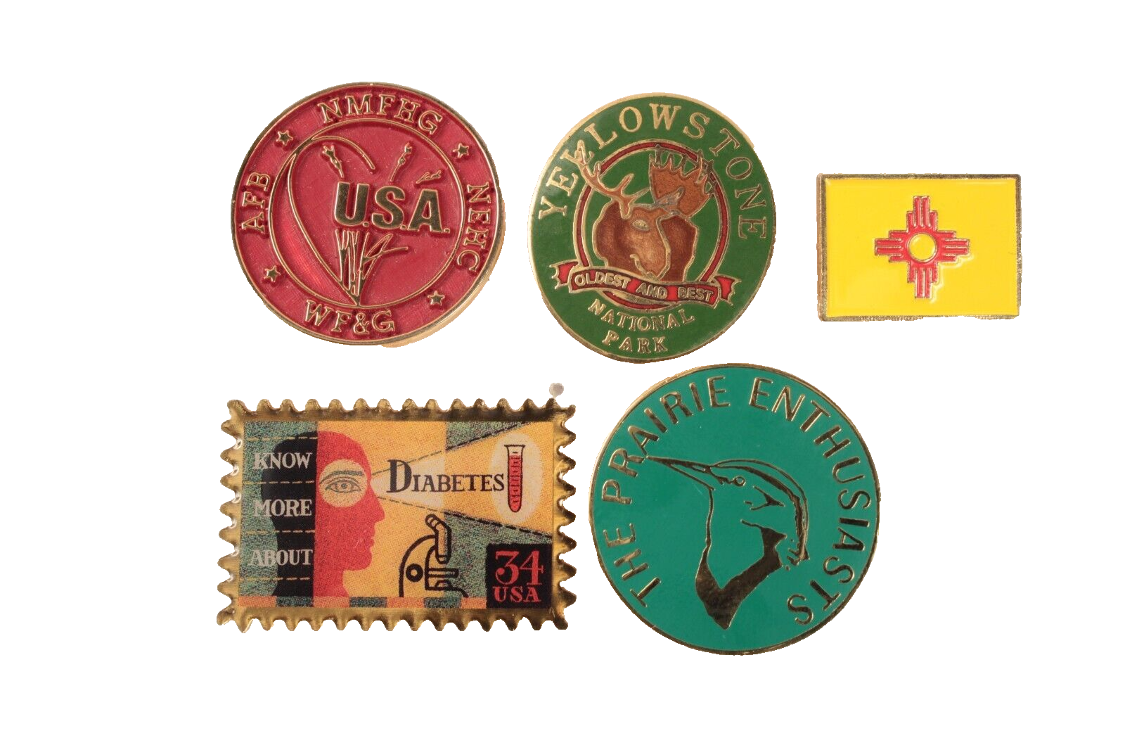 5 Lapel Pin Tacks Diabetes Stamp Yellowstone New Mexico USA Prairie Enth... - $12.19