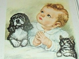 Vintage Please Baby Dog Cat Praying Print Picture Child 9&quot; X 11&quot; Kitten Puppy - £31.31 GBP