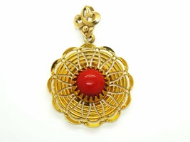 Estate Vintage Natural Red Coral Cabochon Italian Filigree Pendant 18k Gold - £586.98 GBP