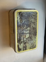 Vintage Tin “CJ” Advertising Tin Box Container in Gold Trim House Snow H... - $6.80