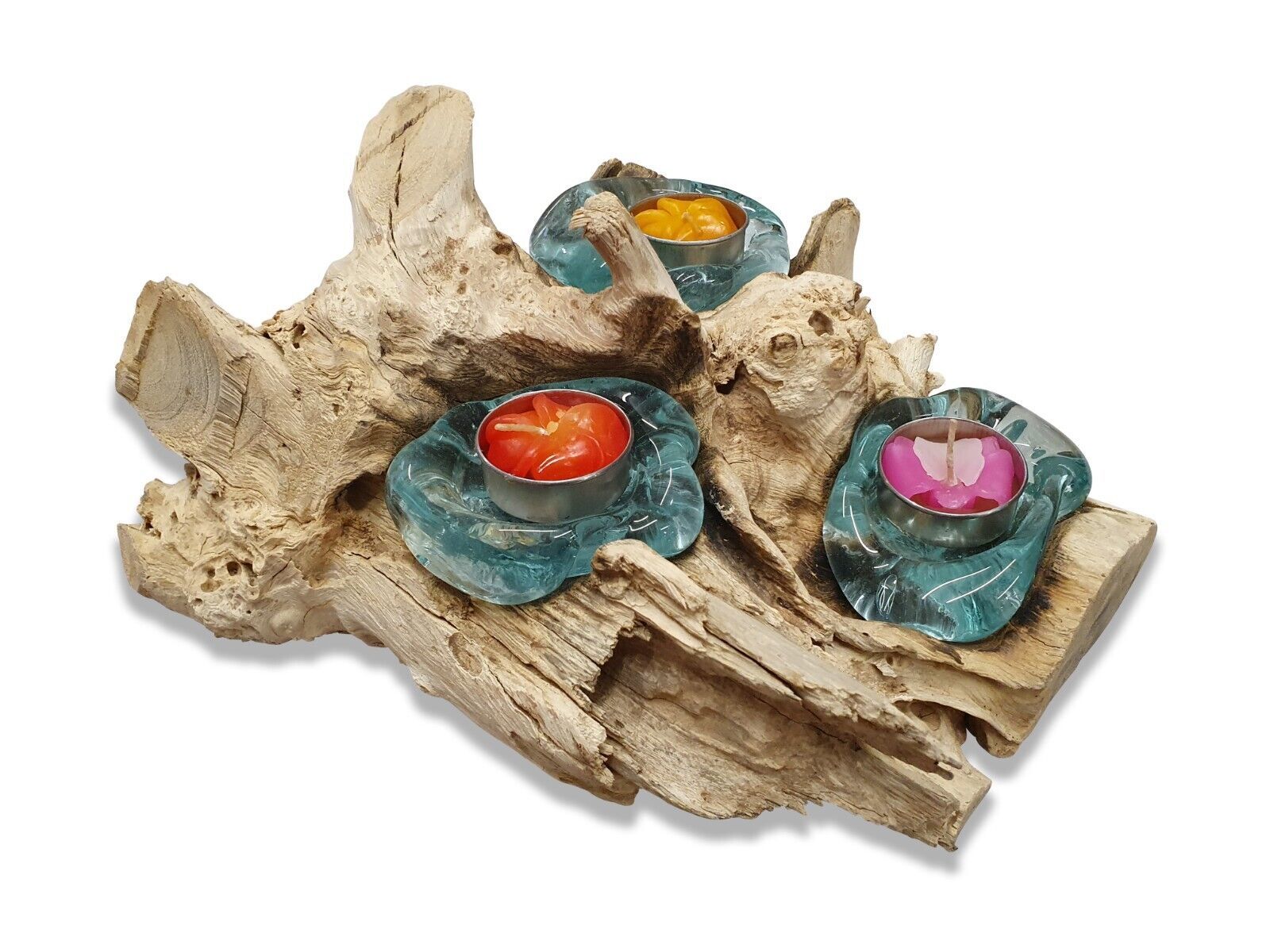 Tealight Holder molten Glass Root Wood Candles Stand Solid Wood Deco