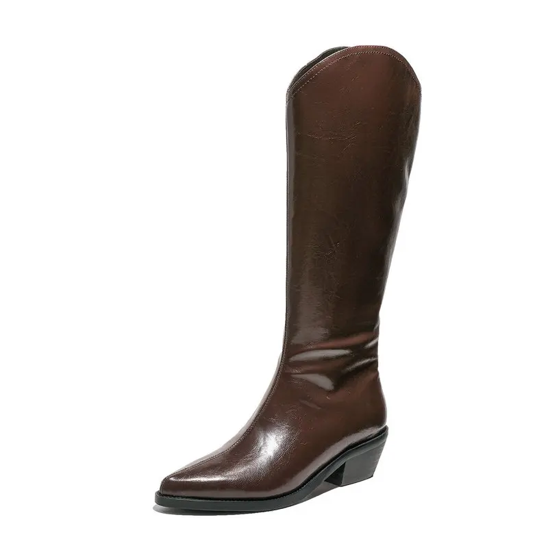 QZYERAI New Winter Women Leather Boots High- Retro Thick-heeled Western boy Fema - £161.09 GBP