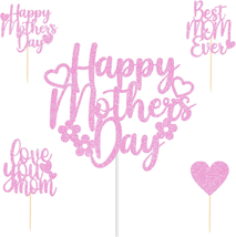 Glittery Pink Happy Mother&#39;S Day 25 PCS Cake Topper and Best Mom Ever Love You M - £15.89 GBP