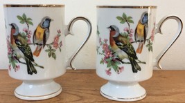 Pair Vintage Royal Crown Birds RCW-13 Porcelain Footed Coffee Mugs Tea Cups - $36.99