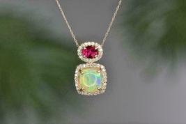 2.20Ct Cushion Cut Fire Opal &amp; Ruby Halo Pendant Necklace 925 Silver Gol... - £94.57 GBP