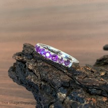 Purple Amethyst Round Gemstone Sterling Silver Half Eternity Band Women Ring - £53.78 GBP